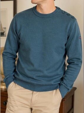 Armor Lux Wool Sweater Mens M Teal Crewneck Nautical Button Shoulder NWT